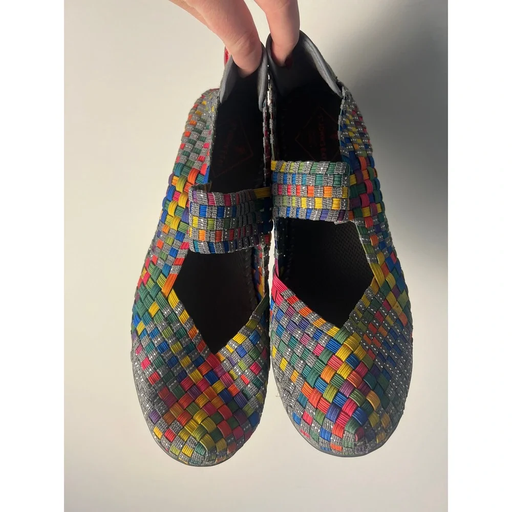 St. John's Bay Woven Mary Jane Wedges W 9 Multicolor Rainbow Elastic Strap Artsy